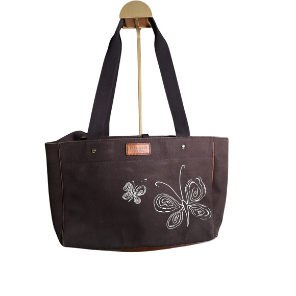 Kate Spade Large Brown Canvas Tote Diaper Bag Butterfly Green Lining Y2K Vintage - Picture 1 of 11